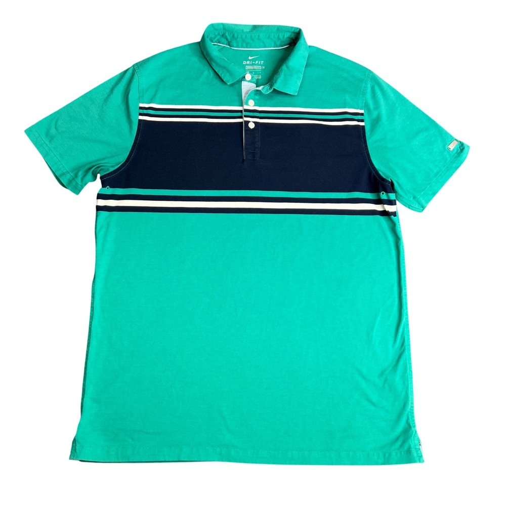 Nike Dri-FIT Mens Green Navy Striped Short Sleeve Polo Shirt Large Standard Fit